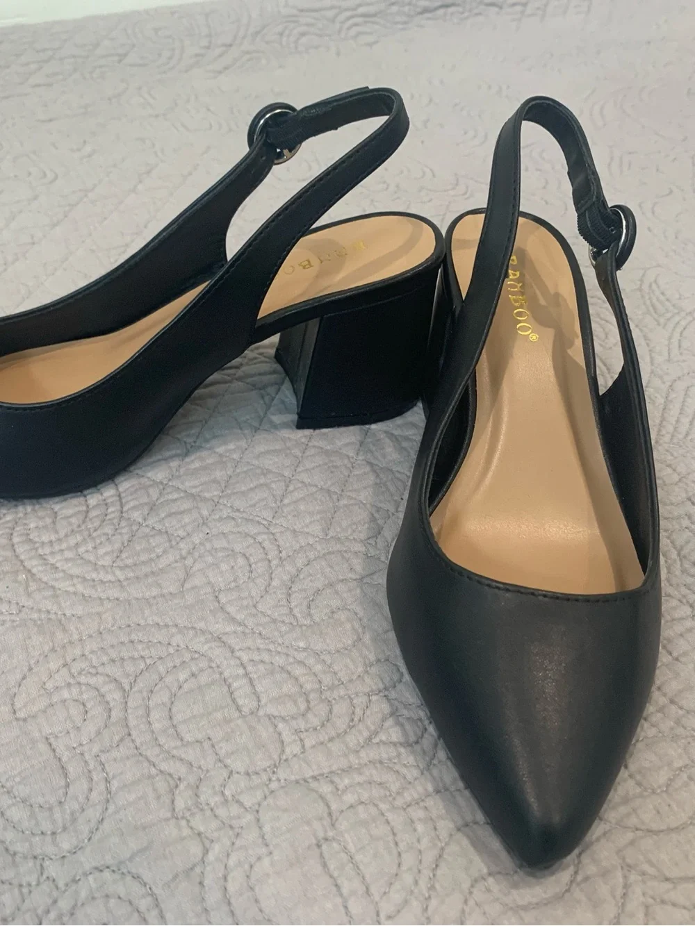 BAMBOO Black Pointed Slingback Block Heel Pumps